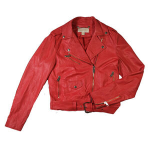 Michael Kors Red Lambskin Leather Moto Jacket Size small